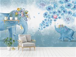 تصویر 2 از گالری عکس پوستر دیواری سه بعدی فیل ابی فانتزی و فرزندش و گل های ابی