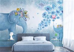 تصویر 4 از گالری عکس پوستر دیواری سه بعدی فیل ابی فانتزی و فرزندش و گل های ابی