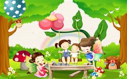 تصویر 1 از گالری عکس پوستر دیواری سه بعدی کارتونی کودکان درحال بازی در جنگل