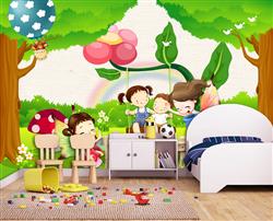 تصویر 7 از گالری عکس پوستر دیواری سه بعدی کارتونی کودکان درحال بازی در جنگل