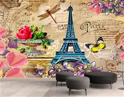 تصویر 2 از گالری عکس پوستر دیواری سه بعدی گل و برج ایفل در صفحه قهوه ای