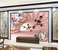 تصویر 3 از گالری عکس پوستر دیواری سه بعدی طرح مولکول های طلایی در راهرو صورتی و گل های زیبا