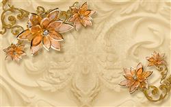 تصویر 2 از گالری عکس پوستر دیواری سه بعدی گل های طلایی شیشه ای و پس زمینه کرم