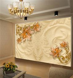 تصویر 5 از گالری عکس پوستر دیواری سه بعدی گل های طلایی شیشه ای و پس زمینه کرم