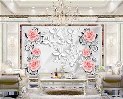 تصویر 2 از گالری عکس پوستر دیواری سه بعدی گل های صورتی و شاخه های مشکی