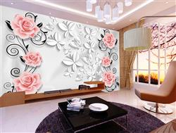 تصویر 3 از گالری عکس پوستر دیواری سه بعدی گل های صورتی و شاخه های مشکی
