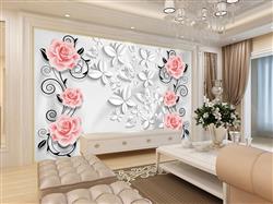 تصویر 5 از گالری عکس پوستر دیواری سه بعدی گل های صورتی و شاخه های مشکی