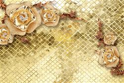 تصویر 1 از گالری عکس پوستر دیواری سه بعدی گل های هلندی طلایی و پس زمینه مشبک طلایی