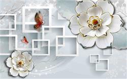 تصویر 1 از گالری عکس پوستر دیواری سه بعدی گل های سفید زیبا با حاشیه نقره ای