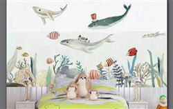 تصویر 2 از گالری عکس پوستر دیواری سه بعدی ماهی های رنگارنگ با گل های رنگی نقاشی شده