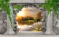 تصویر 1 از گالری عکس پوستر دیواری سه بعدی ستون های با درختان و منظره دریاچه