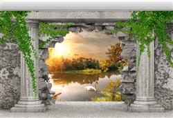 تصویر 2 از گالری عکس پوستر دیواری سه بعدی ستون های با درختان و منظره دریاچه