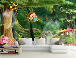 تصویر 2 از گالری عکس پوستر دیواری سه بعدی کارتونی کودک در حال تاب بازی در جنگل