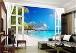 تصویر 3 از گالری عکس پوستر دیواری سه بعدی پنجره ی باز شده به ساحلی زیبا و کشتی مجلل