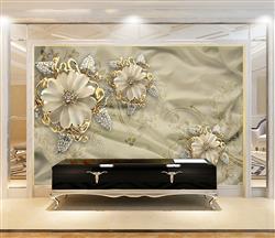 تصویر 2 از گالری عکس پوستر دیواری سه بعدی گل های سفید طلایی با پس زمنه ی پارچه ای