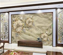 تصویر 3 از گالری عکس پوستر دیواری سه بعدی گل های سفید طلایی با پس زمنه ی پارچه ای