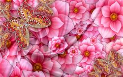 تصویر 1 از گالری عکس پوستر دیواری سه بعدی گل های صورتی زیبا و پروانه