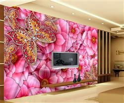 تصویر 2 از گالری عکس پوستر دیواری سه بعدی گل های صورتی زیبا و پروانه
