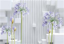 تصویر 1 از گالری عکس گلهای بنفش و گلدان های سه بعدی در پس زمینه سفید طرح پوستر دیواری