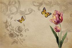 تصویر 1 از گالری عکس گل لاله و پروانه ها در پس زمینه کاغذی و طراحی دستی طرح پوستر دیواری زیبا
