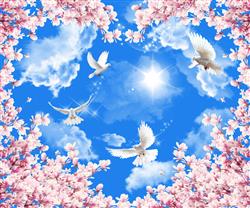 تصویر 1 از گالری عکس آسمان آبی ابری و آفتاب کبوتر های سفید و شکوفه های صورتی به شکل قلب طرح پوستر سقفی