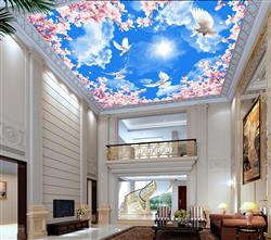 تصویر 2 از گالری عکس آسمان آبی ابری و آفتاب کبوتر های سفید و شکوفه های صورتی به شکل قلب طرح پوستر سقفی