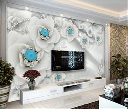 تصویر 3 از گالری عکس گلهای سفید با نگین آبی فیروزه ای طرح پوستر دیواری سه بعدی