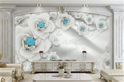 تصویر 4 از گالری عکس گلهای سفید با نگین آبی فیروزه ای طرح پوستر دیواری سه بعدی