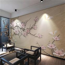 تصویر 2 از گالری عکس شکوفه های صورتی شاخه درخت پروانه سفید پس زمینه طلایی پوستر دیواری