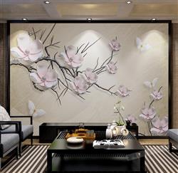 تصویر 4 از گالری عکس شکوفه های صورتی شاخه درخت پروانه سفید پس زمینه طلایی پوستر دیواری