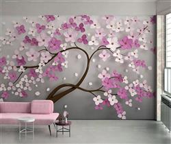 تصویر 2 از گالری عکس درخت فانتزی صورتی بنفش گل شاخه پس زمینه طوسی پوستر دیواری
