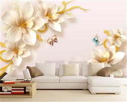 تصویر 3 از گالری عکس گلهای صورتی شاخه طلایی پروانه پوستر دیواری سه بعدی