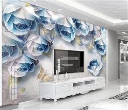 تصویر 2 از گالری عکس گلهای آبی سفید پروانه های طلایی پس زمینه گل سفید پوستر دیواری