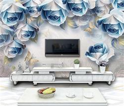 تصویر 3 از گالری عکس گلهای آبی سفید پروانه های طلایی پس زمینه گل سفید پوستر دیواری