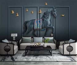 تصویر 2 از گالری عکس اسب سیاه پرندگان طلایی پوستر دیواری سه بعدی