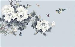 تصویر 1 از گالری عکس گلهای سفید پرندگان پس زمینه آبی پوستر دیواری