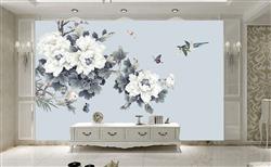 تصویر 2 از گالری عکس گلهای سفید پرندگان پس زمینه آبی پوستر دیواری