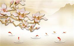 تصویر 1 از گالری عکس گلهای سفید طلایی پس زمینه ماهی ها پوستر دیواری سه بعدی