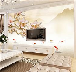 تصویر 3 از گالری عکس گلهای سفید طلایی پس زمینه ماهی ها پوستر دیواری سه بعدی
