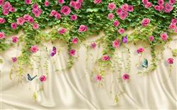 تصویر 1 از گالری عکس شکوفه های صورتی و برگان سبز دیوار پس زمینه روشن پوستر دیواری سه بعدی