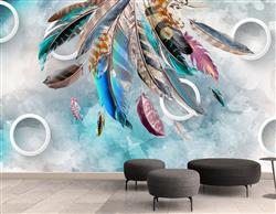 تصویر 2 از گالری عکس پر های رنگارنگ پس زمینه دایره ها و ابر و باد آبی پوستر دیواری سه بعدی