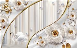تصویر 1 از گالری عکس گلهای سفید وسط طلایی پس زمینه قو ها پوستر دیواری سه بعدی