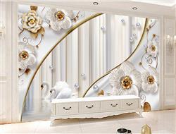 تصویر 2 از گالری عکس گلهای سفید وسط طلایی پس زمینه قو ها پوستر دیواری سه بعدی