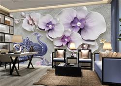 تصویر 2 از گالری عکس گلهای سفید بنفش طاووس پوستر دیواری سه بعدی
