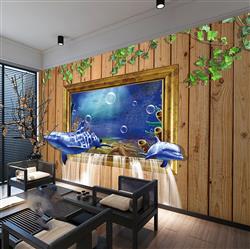 تصویر 2 از گالری عکس دیوار چوبی پنجره آکواریوم دلفین ها پوستر دیواری سه بعدی