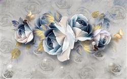 تصویر 1 از گالری عکس گلهای آبی سفید پروانه های طلایی پس زمینه گل پوستر دیواری سه بعدی