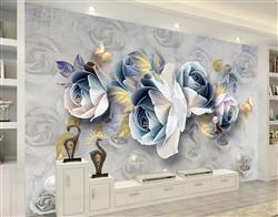 تصویر 3 از گالری عکس گلهای آبی سفید پروانه های طلایی پس زمینه گل پوستر دیواری سه بعدی