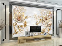 تصویر 3 از گالری عکس گل های سفید طلایی شاخه های طلایی پوستر دیواری سه بعدی