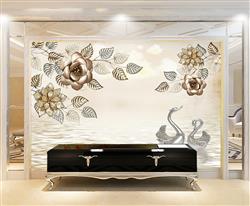 تصویر 2 از گالری عکس قو های نقره ای عاشق گلهای برنزی و دریاچه پوستر دیواری سه بعدی