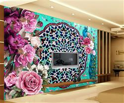 تصویر 2 از گالری عکس گلهای صورتی و طاووس آبی پس زمینه فیروزه سنگی پوستر دیواری سه بعدی